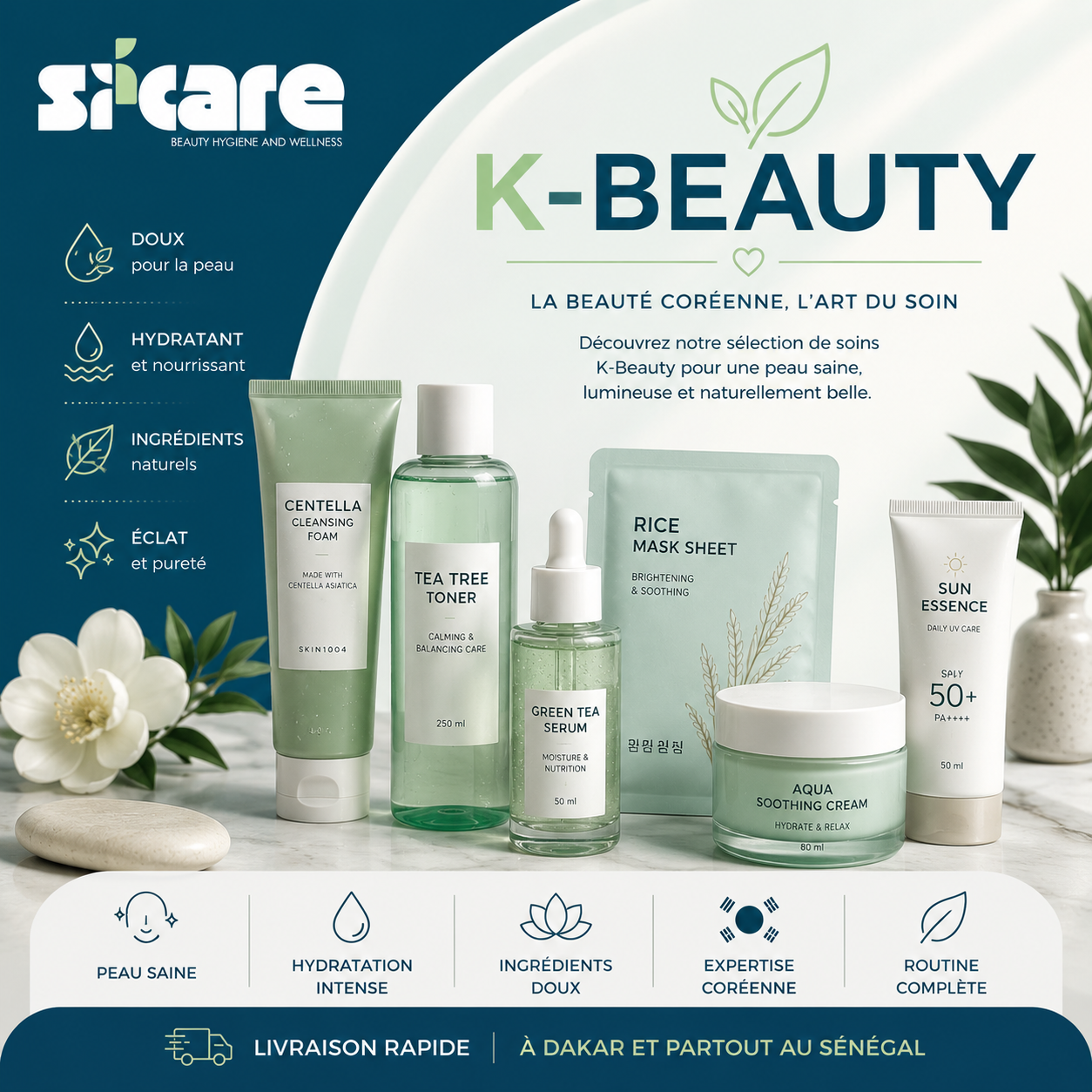 Illustration de la catégorie K-Beauty SK Care présentant des soins coréens pour le visage : nettoyant, toner, sérum, crème hydratante, masque en tissu et protection solaire SPF.