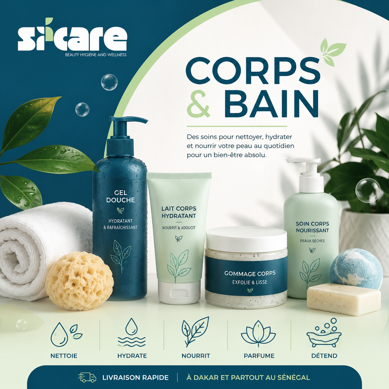 Illustration de la catégorie Corps & Bain SK Care avec des produits de soin, d'hygiène et de bain disponible au Sénégal.