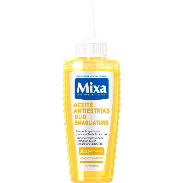 Mixa Huile Anti-Vergetures aux Omégas 6 et 9 100 ml pour peaux sensibles et soin des vergetures.