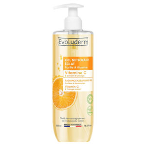 Evoluderm Gel Nettoyant Éclat Vitamine C 500 ml à l’extrait d’orange disponible chez SK Care au Sénégal.