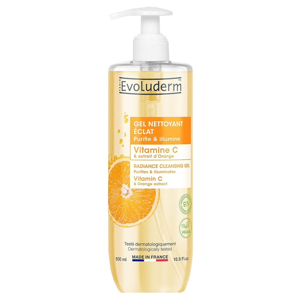 Evoluderm Gel Nettoyant Éclat Vitamine C 500 ml à l’extrait d’orange disponible chez SK Care au Sénégal.